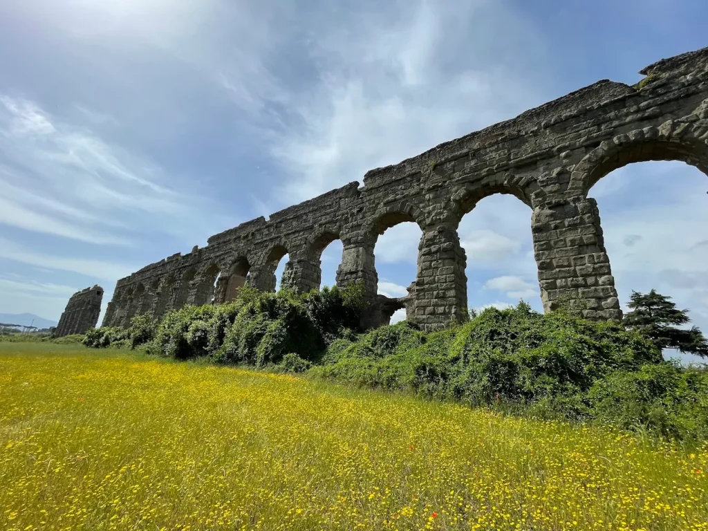 Ancient Roman aqueduct arches in a wildflower meadow at Parco degli Acquedotti on a sunny day