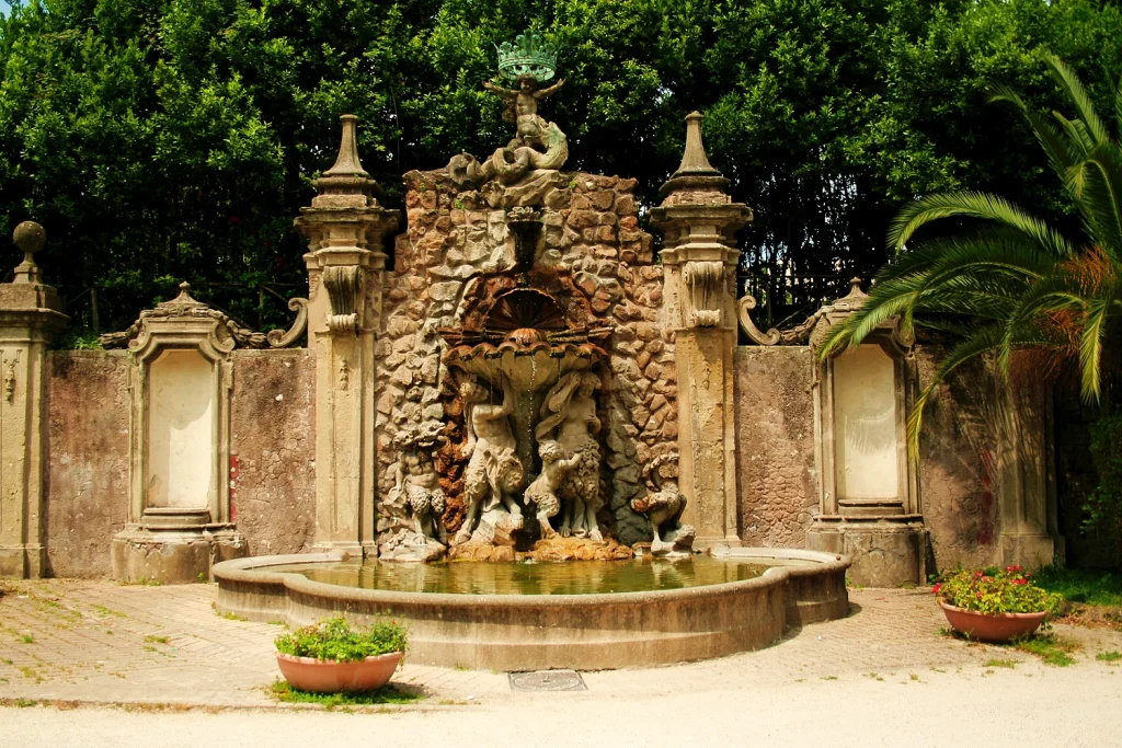 Fontana dei Satiri in Villa Sciarra, Rome – baroque fountain with satyrs and mythological figures surrounded by lush gardens